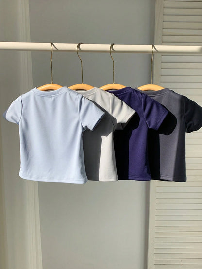 Unisex Baby Boy/Girl Baby Boy 4pcs 100% Cotton Spring/Summer Casual Versatile Solid Color Short Sleeve T-Shirt Knit Top Set, Baby Boy Clothes, Tops, Squishy