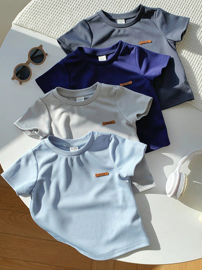 Unisex Baby Boy/Girl Baby Boy 4pcs 100% Cotton Spring/Summer Casual Versatile Solid Color Short Sleeve T-Shirt Knit Top Set, Baby Boy Clothes, Tops, Squishy