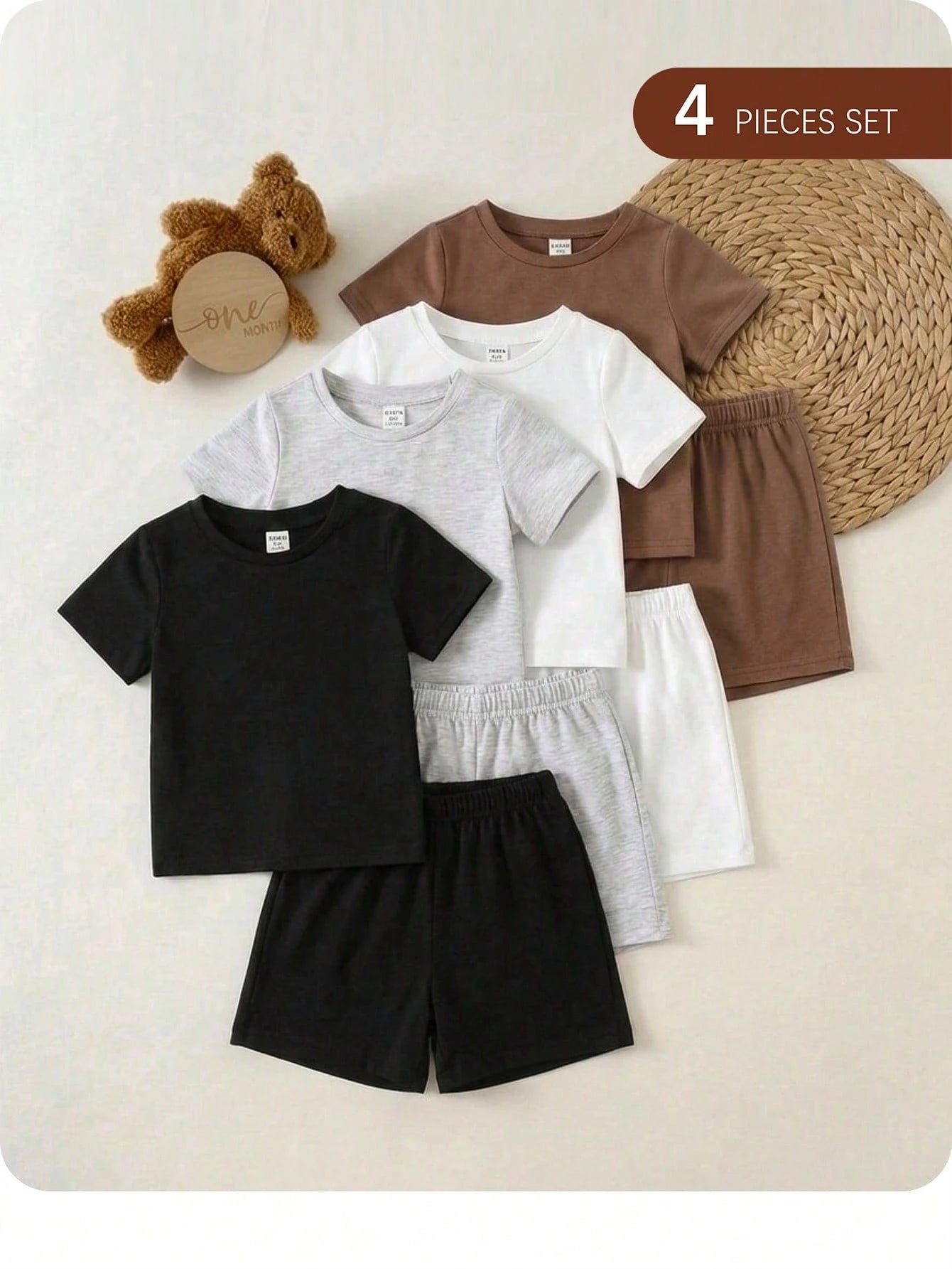 Unisex Baby Boy/Girl Baby Boy 4pcs 100% Cotton Spring/Summer Casual Versatile Solid Color Short Sleeve T-Shirt Knit Top Set, Baby Boy Clothes, Tops, Squishy