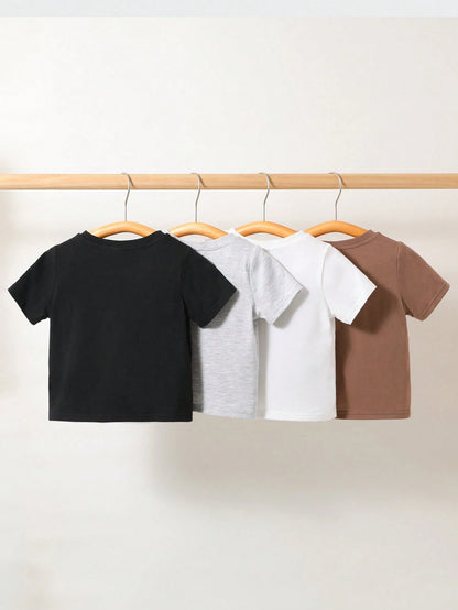 Unisex Baby Boy/Girl Baby Boy 4pcs 100% Cotton Spring/Summer Casual Versatile Solid Color Short Sleeve T-Shirt Knit Top Set, Baby Boy Clothes, Tops, Squishy