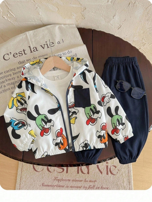 Unisex Baby Boy/Girl, Toddler 2pcs Autumn/Winter Casual Cute Animal Print Hooded Jacket Set, Baby Winter Clothes/Outfit Set, Streetwear