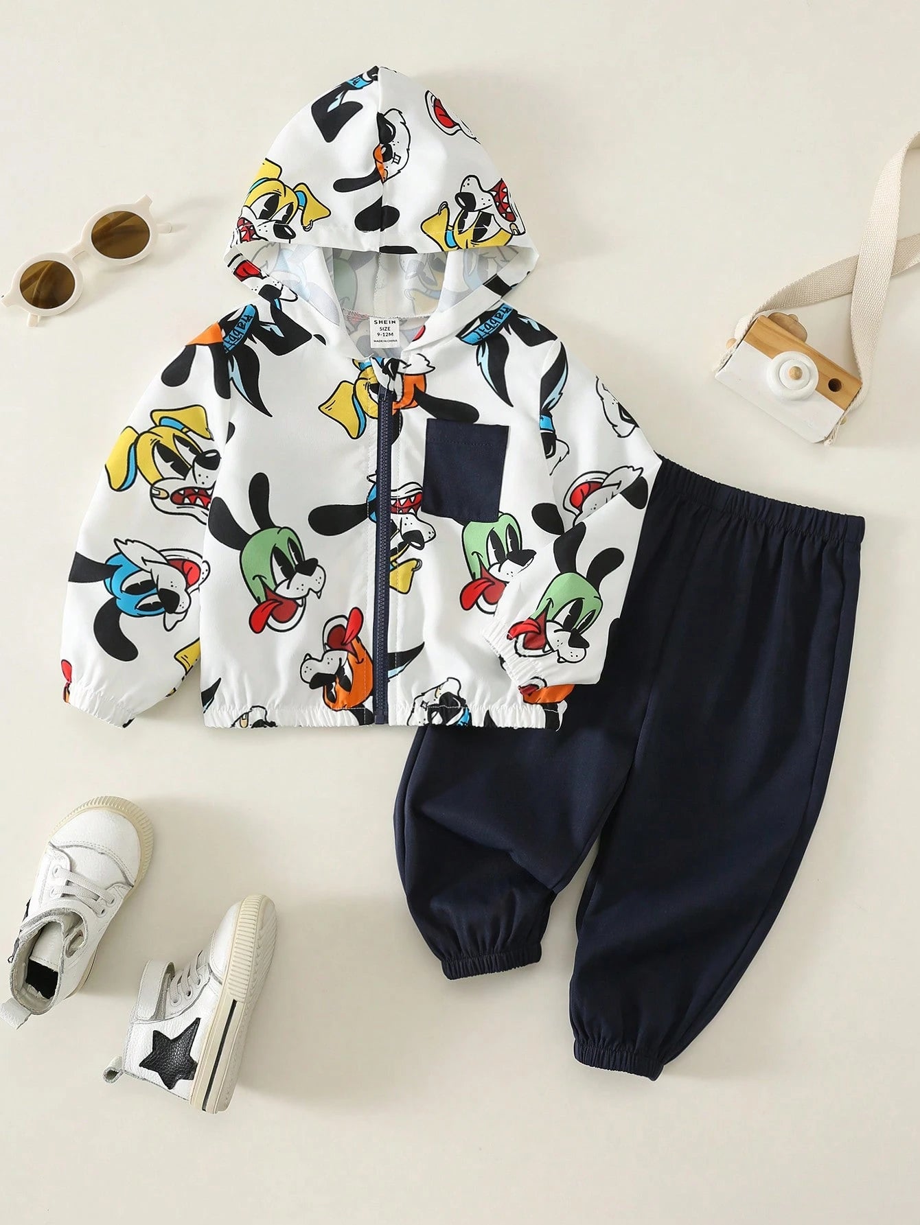 Unisex Baby Boy/Girl, Toddler 2pcs Autumn/Winter Casual Cute Animal Print Hooded Jacket Set, Baby Winter Clothes/Outfit Set, Streetwear