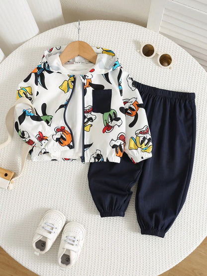 Unisex Baby Boy/Girl, Toddler 2pcs Autumn/Winter Casual Cute Animal Print Hooded Jacket Set, Baby Winter Clothes/Outfit Set, Streetwear