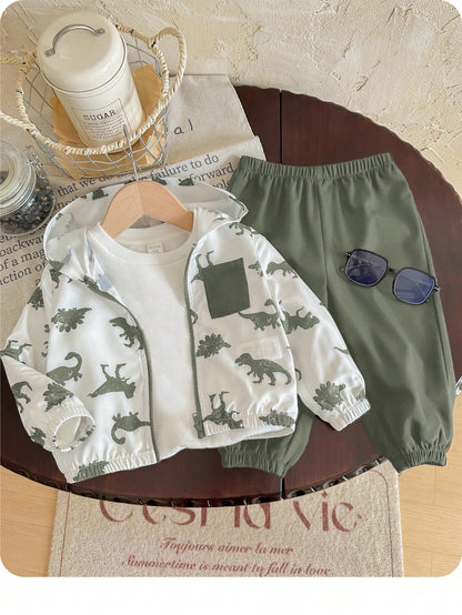 Unisex Baby Boy/Girl, Toddler 2pcs Autumn/Winter Casual Cute Animal Print Hooded Jacket Set, Baby Winter Clothes/Outfit Set, Streetwear