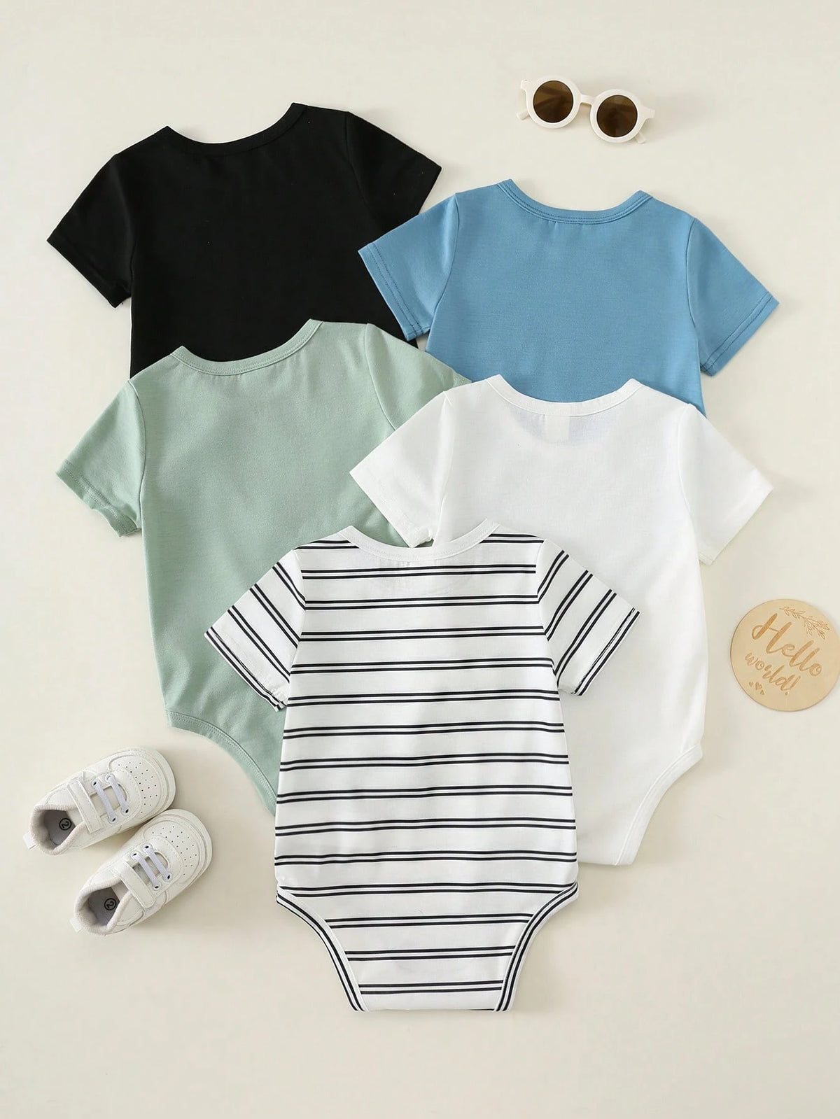 Unisex Newborn Baby Boy Baby Girl 5pcs/Set Spring Summer Casual Versatile Solid Color And Striped High Elasticity Ribbed Short Sleeve Bodysuit Set, Easy To Put On And Take Off Baby Bodysuit, Out