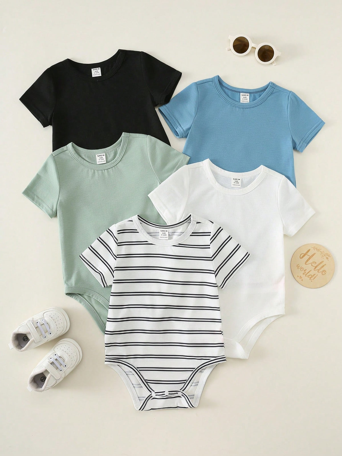 Unisex Newborn Baby Boy Baby Girl 5pcs/Set Spring Summer Casual Versatile Solid Color And Striped High Elasticity Ribbed Short Sleeve Bodysuit Set, Easy To Put On And Take Off Baby Bodysuit, Out