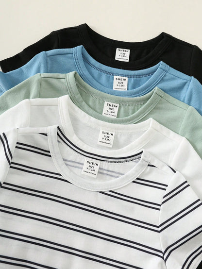 Unisex Newborn Baby Boy Baby Girl 5pcs/Set Spring Summer Casual Versatile Solid Color And Striped High Elasticity Ribbed Short Sleeve Bodysuit Set, Easy To Put On And Take Off Baby Bodysuit, Out