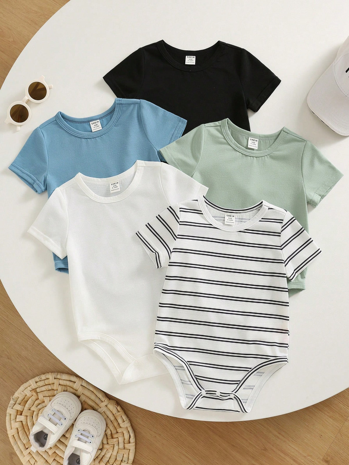 Unisex Newborn Baby Boy Baby Girl 5pcs/Set Spring Summer Casual Versatile Solid Color And Striped High Elasticity Ribbed Short Sleeve Bodysuit Set, Easy To Put On And Take Off Baby Bodysuit, Out
