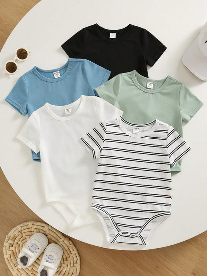 Unisex Newborn Baby Boy Baby Girl 5pcs/Set Spring Summer Casual Versatile Solid Color And Striped High Elasticity Ribbed Short Sleeve Bodysuit Set, Easy To Put On And Take Off Baby Bodysuit, Out