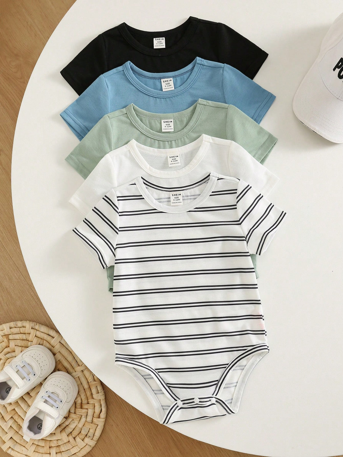 Unisex Newborn Baby Boy Baby Girl 5pcs/Set Spring Summer Casual Versatile Solid Color And Striped High Elasticity Ribbed Short Sleeve Bodysuit Set, Easy To Put On And Take Off Baby Bodysuit, Out