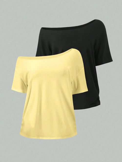 Unity 2pcs Women's Loose Asymmetrical Neck T-Shirts, Elegant Black And Yellow Solid Color Oversized Tees
