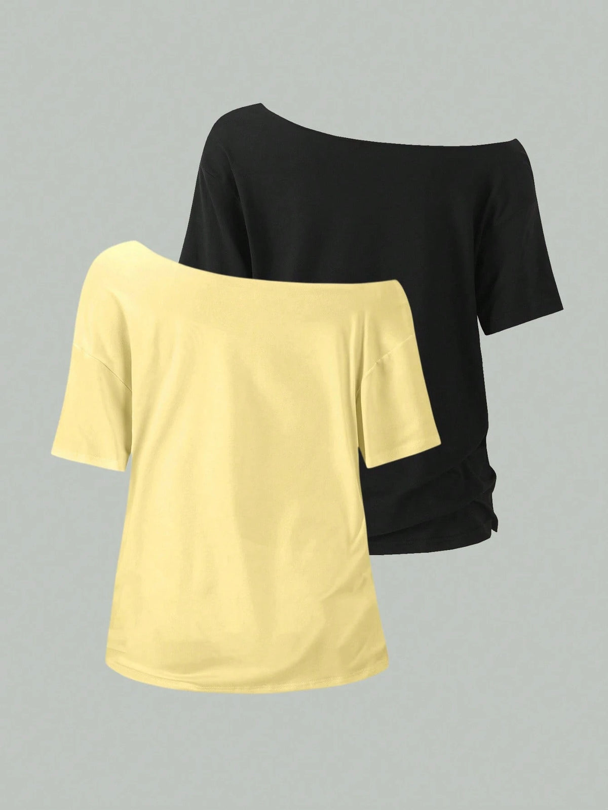 Unity 2pcs Women's Loose Asymmetrical Neck T-Shirts, Elegant Black And Yellow Solid Color Oversized Tees