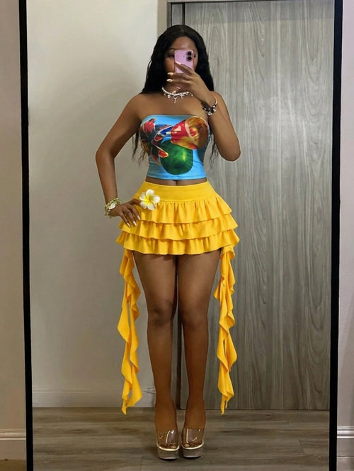 Unity Streetwear Women's Ruffle Decor Cake Skirt, Summer,Vacation Outfits Women,Beach Outfits,Afro Fashion