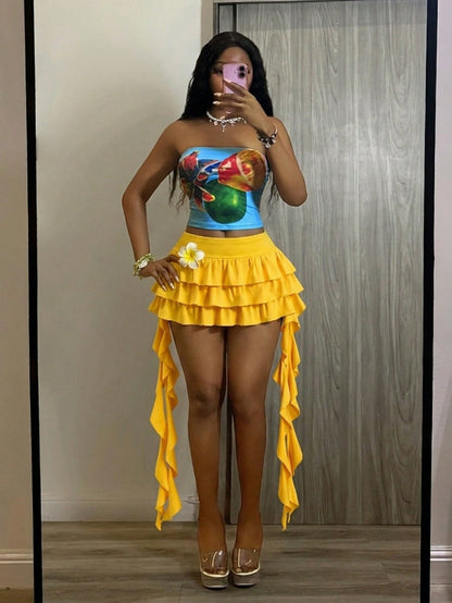 Unity Streetwear Women's Ruffle Decor Cake Skirt, Summer,Vacation Outfits Women,Beach Outfits,Afro Fashion