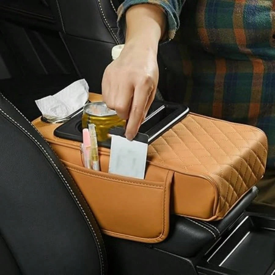 Universal 4-In-1 Car Tissue Box With Armrest Box Heightening Pad, Integrated Car Central Armrest Box Storage Bag And Cup Holder, With Two Cup Holders, Used For Storing Tissues, Mobile Phones, Wallets
