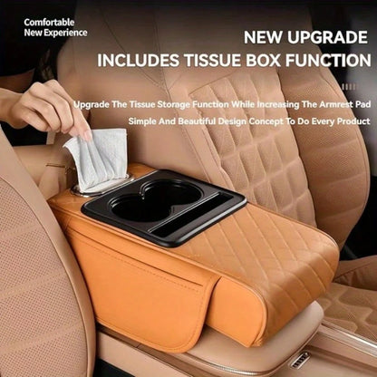 Universal 4-In-1 Car Tissue Box With Armrest Box Heightening Pad, Integrated Car Central Armrest Box Storage Bag And Cup Holder, With Two Cup Holders, Used For Storing Tissues, Mobile Phones, Wallets