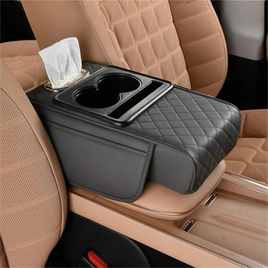 Universal 4-In-1 Car Tissue Box With Armrest Box Heightening Pad, Integrated Car Central Armrest Box Storage Bag And Cup Holder, With Two Cup Holders, Used For Storing Tissues, Mobile Phones, Wallets