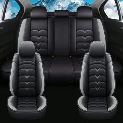 Universal 5-Seat PU Leather Car Seat Covers Black And Gray Full Set Waterproof Front & Rear Cushion Protectors, Airbag Compatible Car Interior Upgrade, Easy Installation And Easy To Clean Fit For Most
