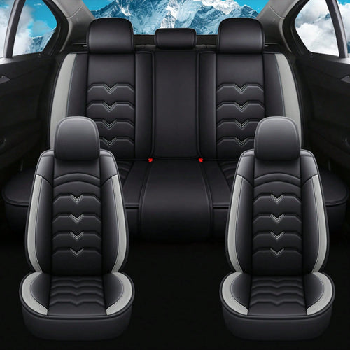 Universal 5-Seat PU Leather Car Seat Covers Black And Gray Full Set Waterproof Front & Rear Cushion Protectors, Airbag Compatible Car Interior Upgrade, Easy Installation And Easy To Clean Fit For Most