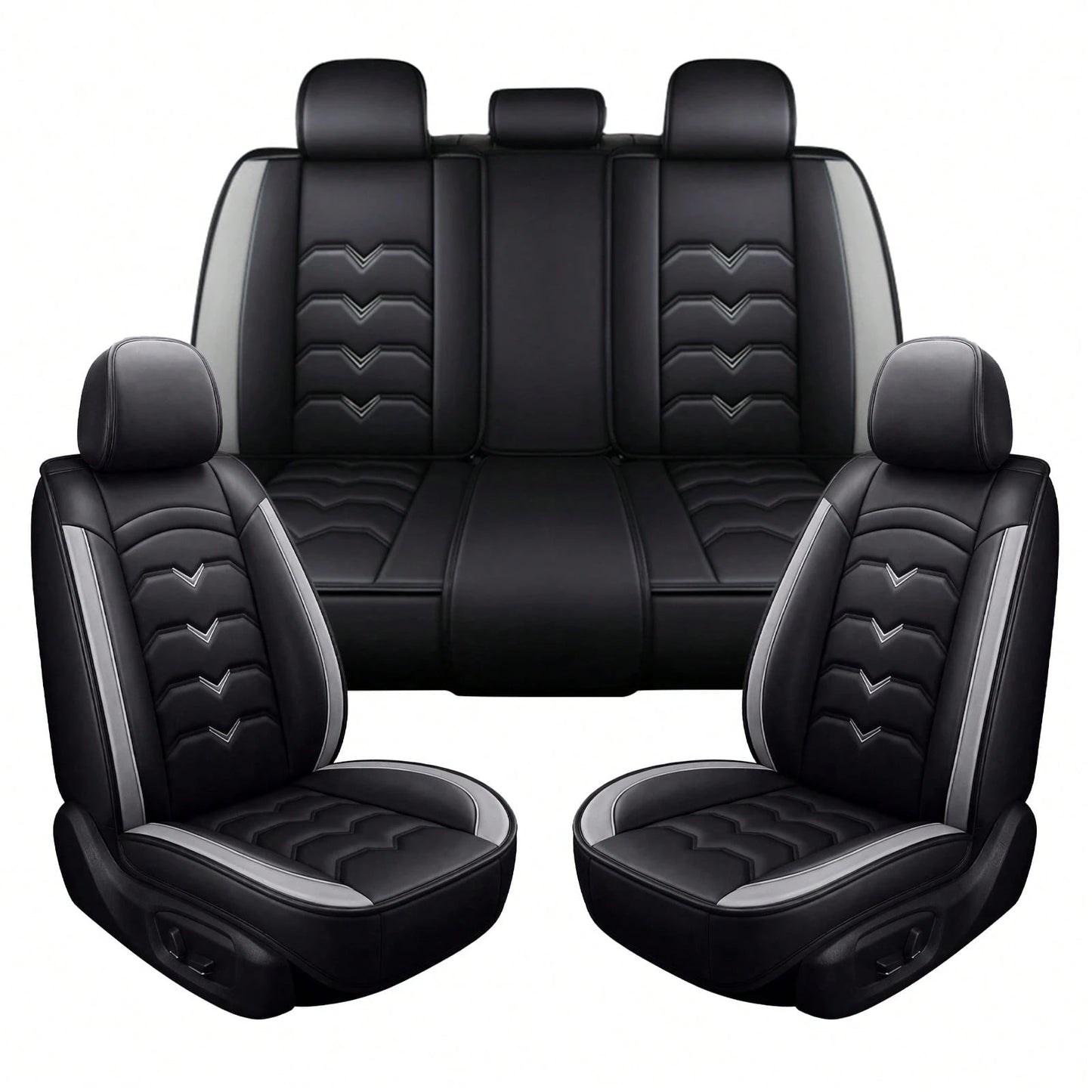 Universal 5-Seat PU Leather Car Seat Covers Black And Gray Full Set Waterproof Front & Rear Cushion Protectors, Airbag Compatible Car Interior Upgrade, Easy Installation And Easy To Clean Fit For Most