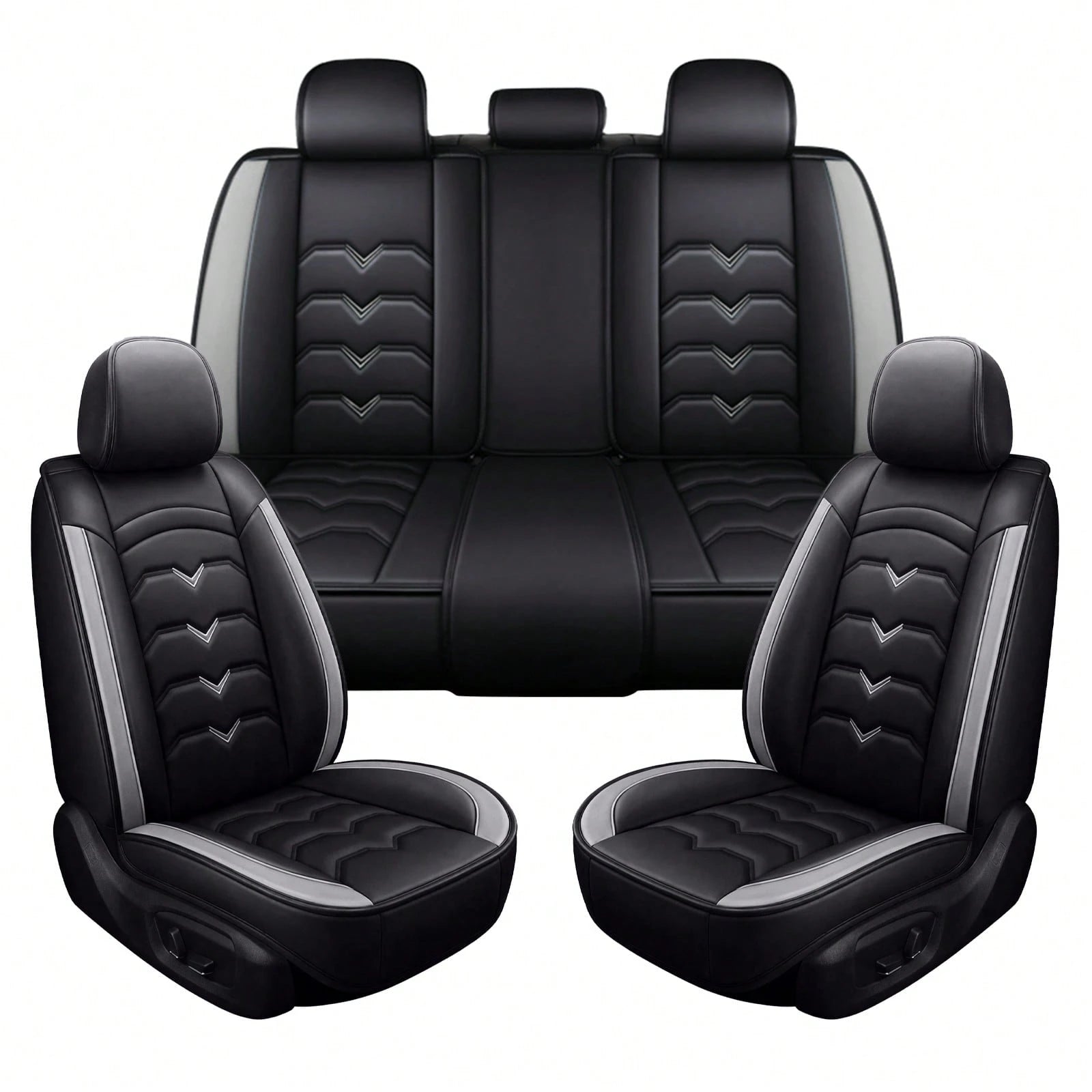 Universal 5-Seat PU Leather Car Seat Covers Black And Gray Full Set Waterproof Front & Rear Cushion Protectors, Airbag Compatible Car Interior Upgrade, Easy Installation And Easy To Clean Fit For Most