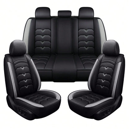 Universal 5-Seat PU Leather Car Seat Covers Black And Gray Full Set Waterproof Front & Rear Cushion Protectors, Airbag Compatible Car Interior Upgrade, Easy Installation And Easy To Clean Fit For Most