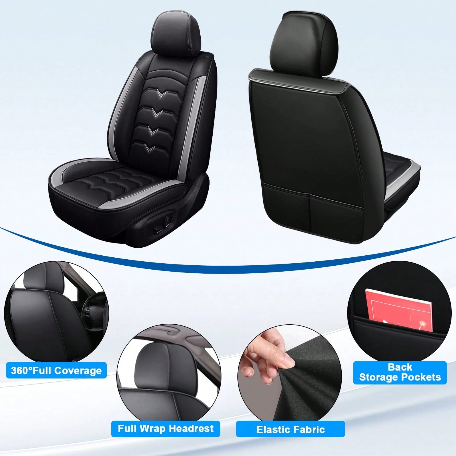 Universal 5-Seat PU Leather Car Seat Covers Black And Gray Full Set Waterproof Front & Rear Cushion Protectors, Airbag Compatible Car Interior Upgrade, Easy Installation And Easy To Clean Fit For Most
