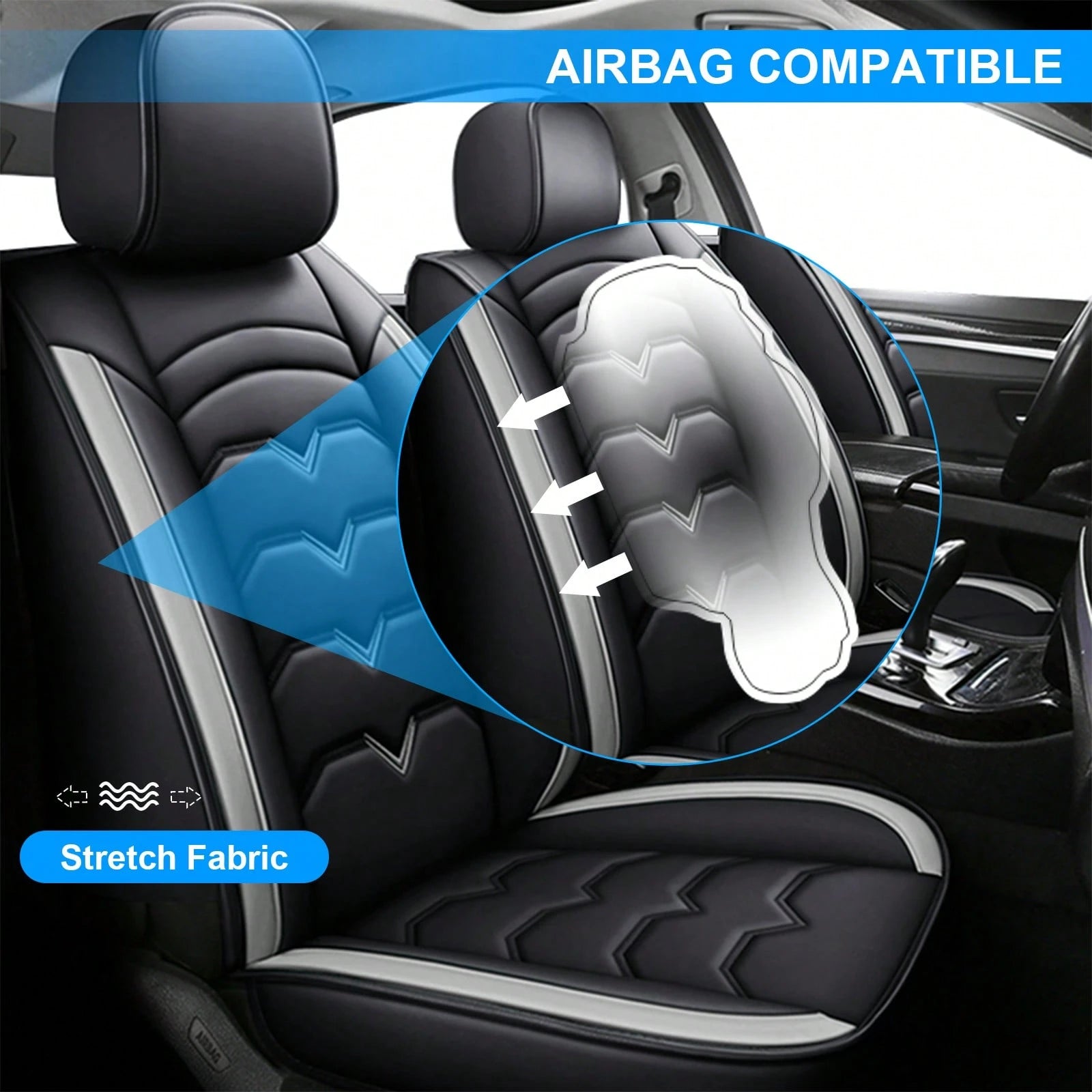 Universal 5-Seat PU Leather Car Seat Covers Black And Gray Full Set Waterproof Front & Rear Cushion Protectors, Airbag Compatible Car Interior Upgrade, Easy Installation And Easy To Clean Fit For Most