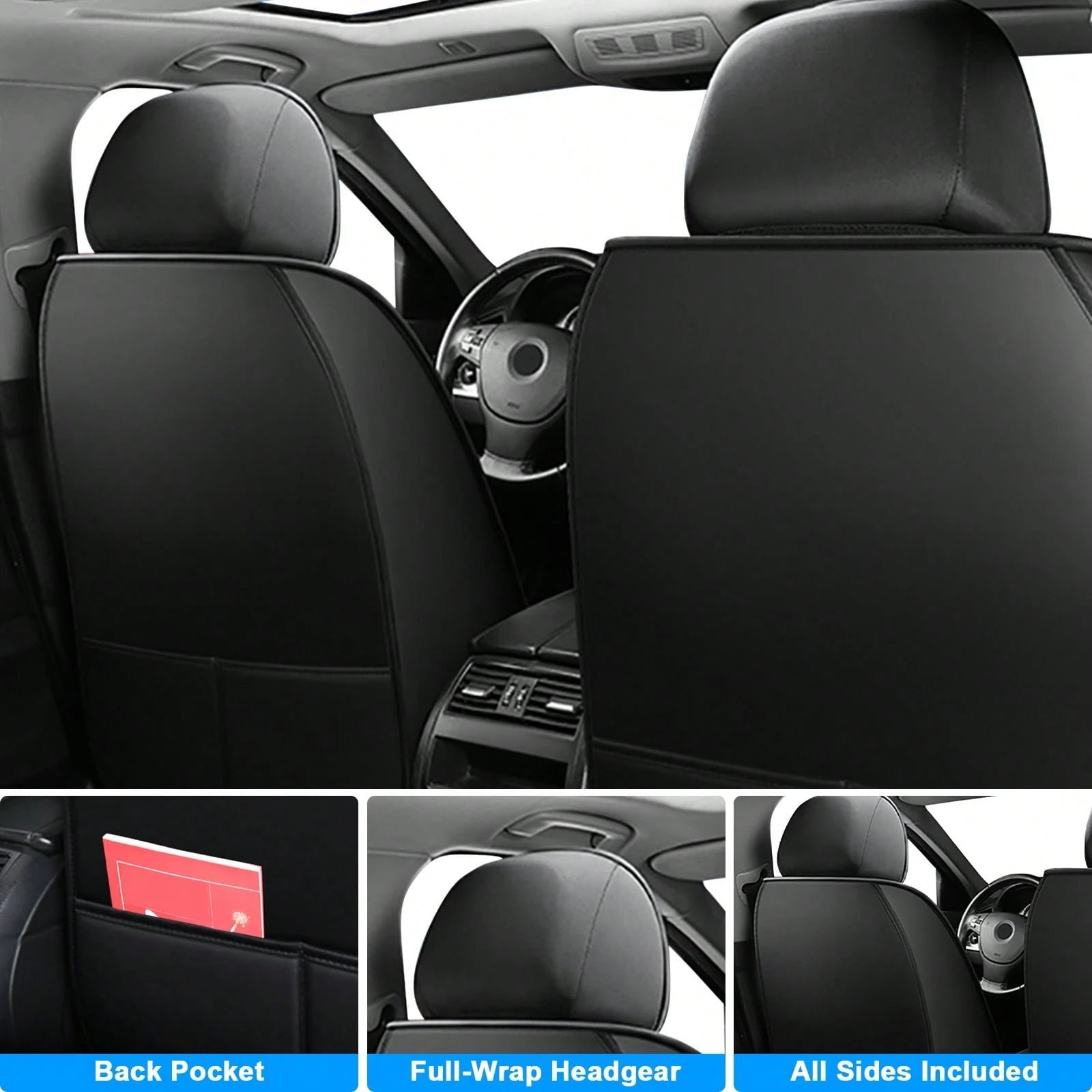 Universal 5-Seat PU Leather Car Seat Covers Black And Gray Full Set Waterproof Front & Rear Cushion Protectors, Airbag Compatible Car Interior Upgrade, Easy Installation And Easy To Clean Fit For Most