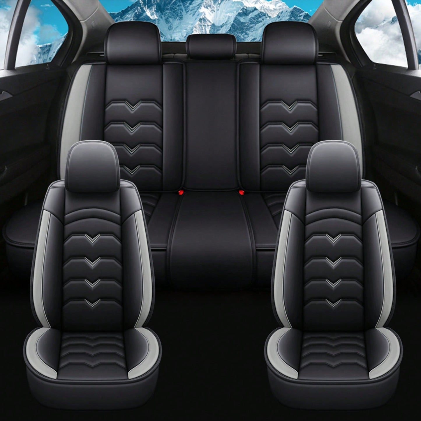 Universal 5-Seat PU Leather Car Seat Covers Black And Gray Full Set Waterproof Front & Rear Cushion Protectors, Airbag Compatible Car Interior Upgrade, Easy Installation And Easy To Clean Fit For Most