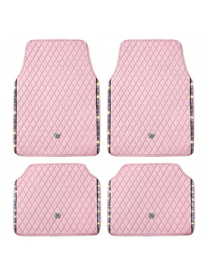 Universal Fit PVC Leather Car Foot Pad- Glittering Embroidery Inlaid Red Black Crown Design, Artificial Rhinestone Accents, Easy To Clean, Unisex, And Durable,Pink Car Stuff