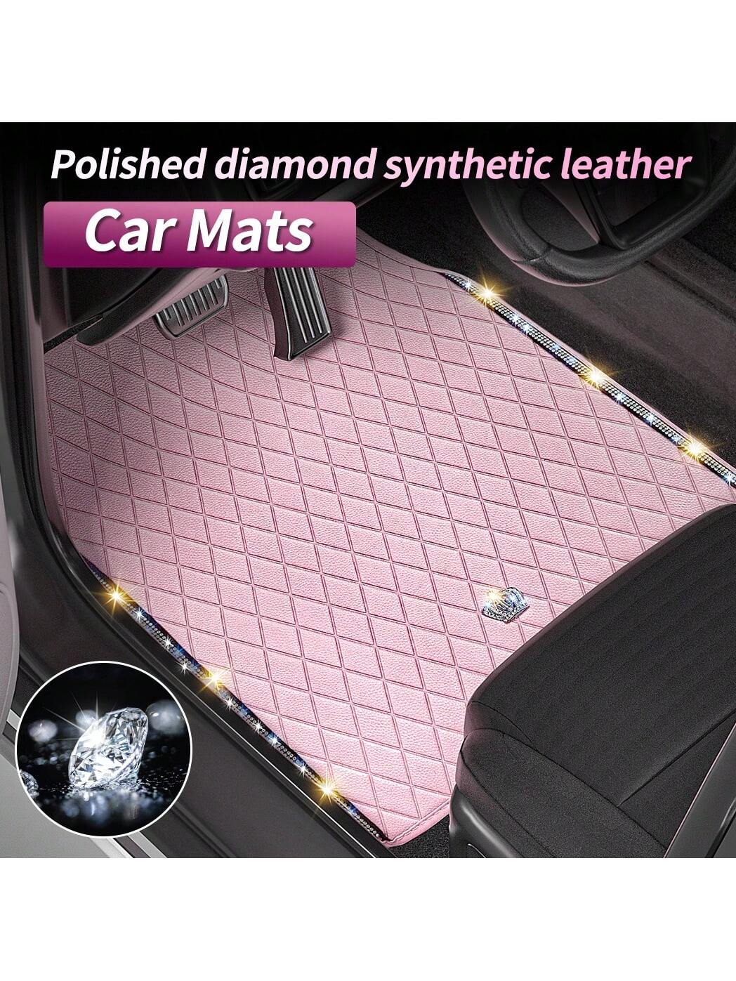 Universal Fit PVC Leather Car Foot Pad- Glittering Embroidery Inlaid Red Black Crown Design, Artificial Rhinestone Accents, Easy To Clean, Unisex, And Durable,Pink Car Stuff