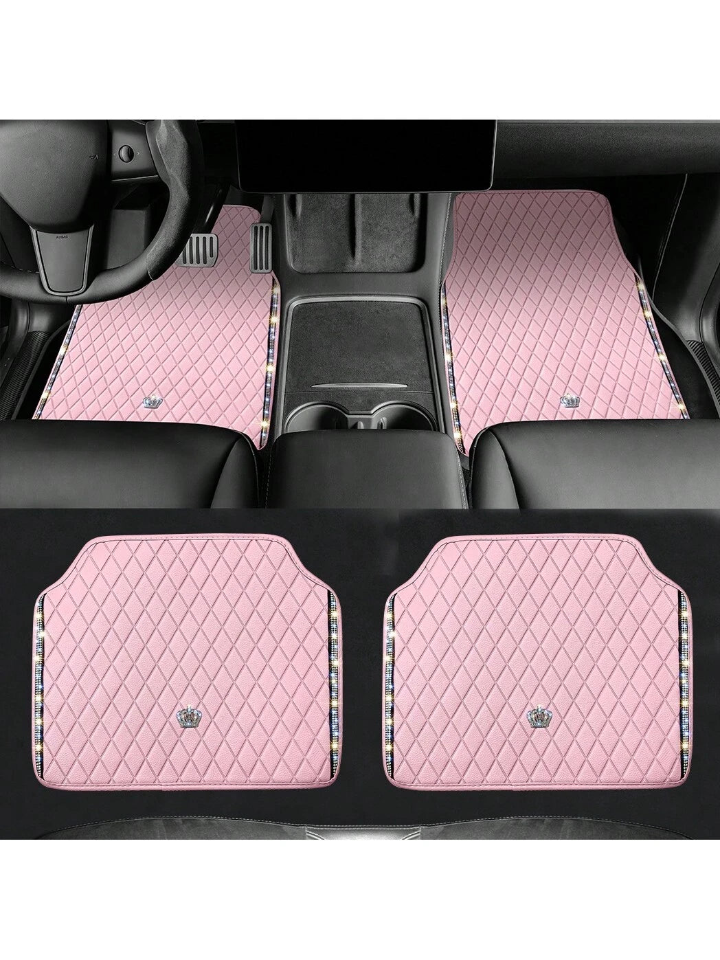 Universal Fit PVC Leather Car Foot Pad- Glittering Embroidery Inlaid Red Black Crown Design, Artificial Rhinestone Accents, Easy To Clean, Unisex, And Durable,Pink Car Stuff