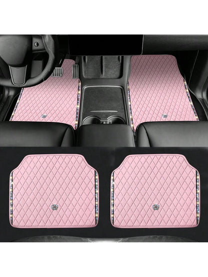 Universal Fit PVC Leather Car Foot Pad- Glittering Embroidery Inlaid Red Black Crown Design, Artificial Rhinestone Accents, Easy To Clean, Unisex, And Durable,Pink Car Stuff