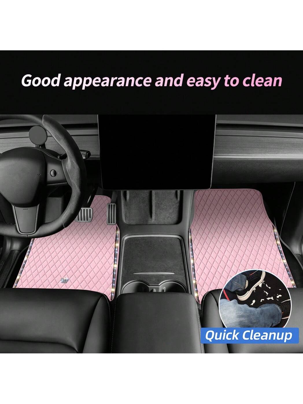 Universal Fit PVC Leather Car Foot Pad- Glittering Embroidery Inlaid Red Black Crown Design, Artificial Rhinestone Accents, Easy To Clean, Unisex, And Durable,Pink Car Stuff