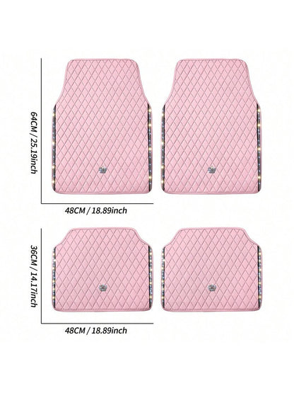 Universal Fit PVC Leather Car Foot Pad- Glittering Embroidery Inlaid Red Black Crown Design, Artificial Rhinestone Accents, Easy To Clean, Unisex, And Durable,Pink Car Stuff