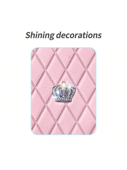 Universal Fit PVC Leather Car Foot Pad- Glittering Embroidery Inlaid Red Black Crown Design, Artificial Rhinestone Accents, Easy To Clean, Unisex, And Durable,Pink Car Stuff