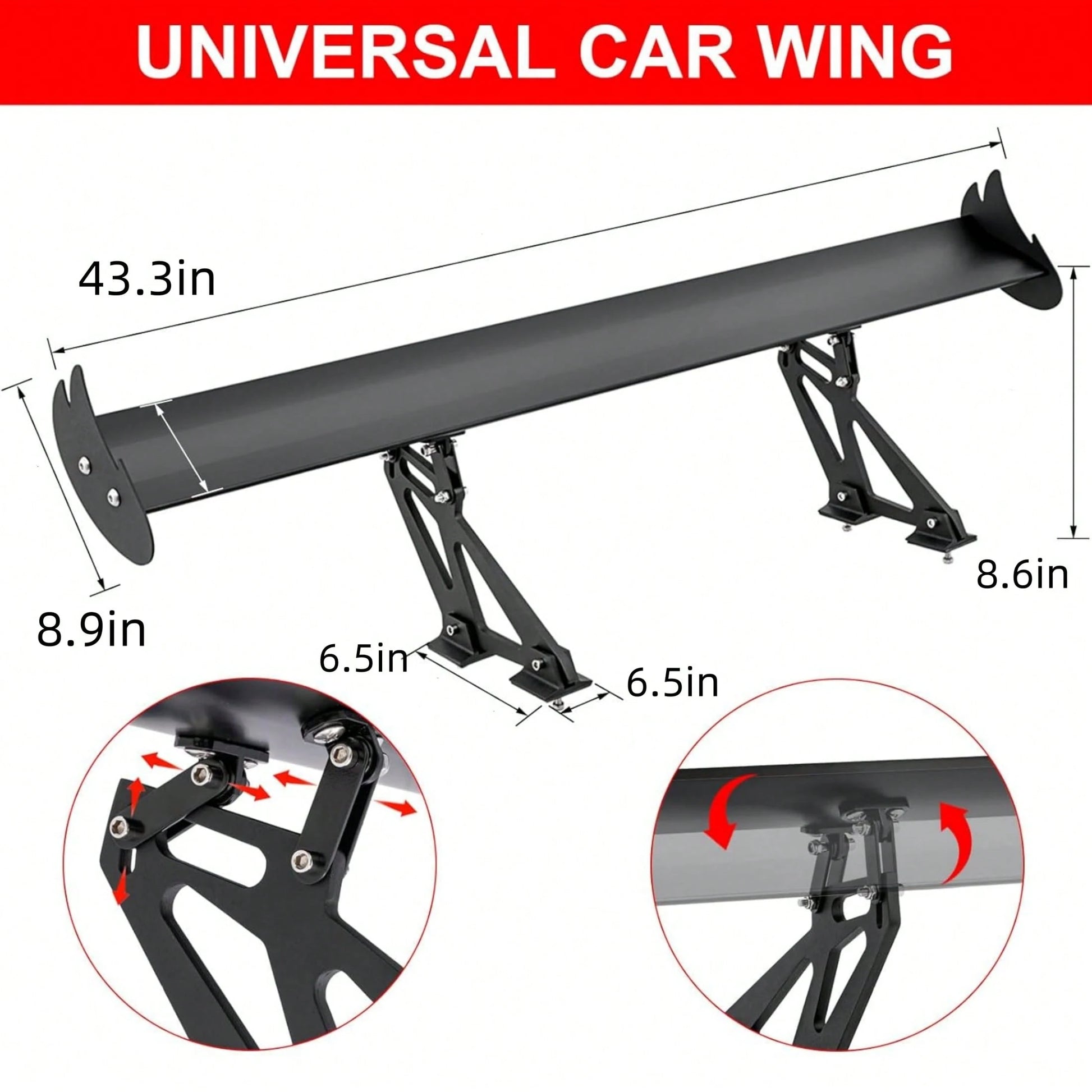 Upgrades Spoiler Car, 43.3" GT Aluminum Wing Adjustable Universal Lightweight Car Rear Wing, Black Hatch Aluminum Single Deck Fit Racing Spoiler BGW/JDM Drift