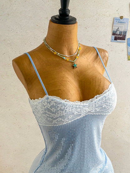 Ure Wave Elegant Light Blue And White Sequined Mini Dress With Lace Trim,Summer Party Night Outfits For Women,Wedding Guest,Festival And Beach Vacation Dress