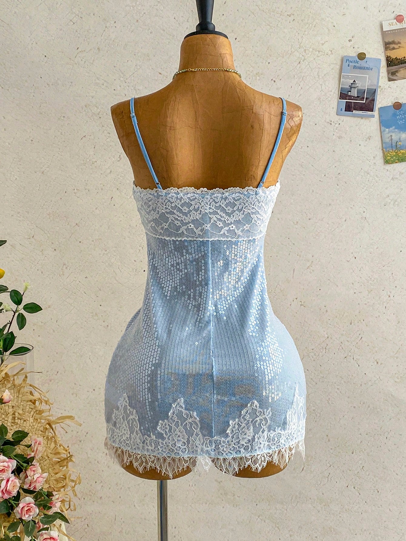 Ure Wave Elegant Light Blue And White Sequined Mini Dress With Lace Trim,Summer Party Night Outfits For Women,Wedding Guest,Festival And Beach Vacation Dress
