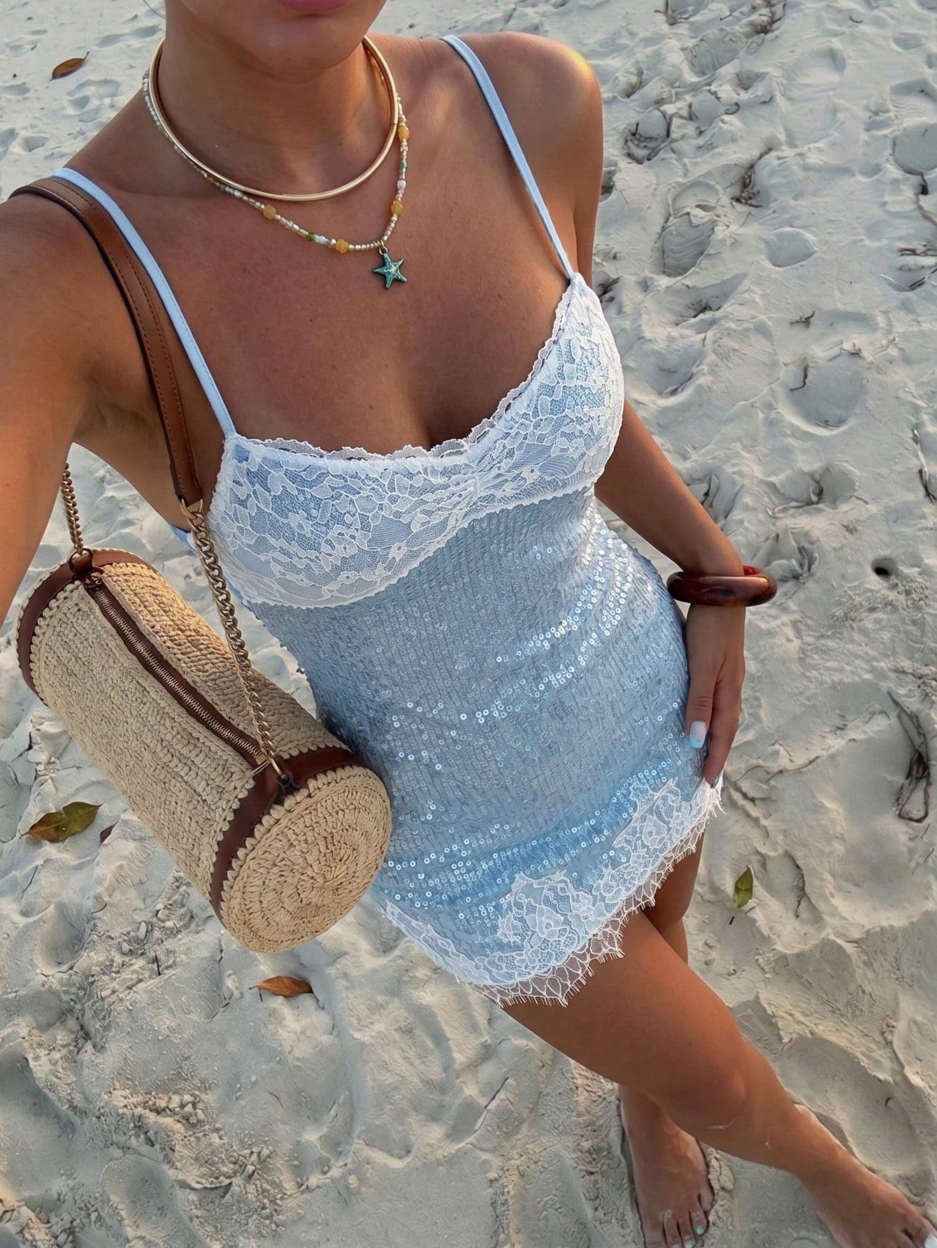 Ure Wave Elegant Light Blue And White Sequined Mini Dress With Lace Trim,Summer Party Night Outfits For Women,Wedding Guest,Festival And Beach Vacation Dress
