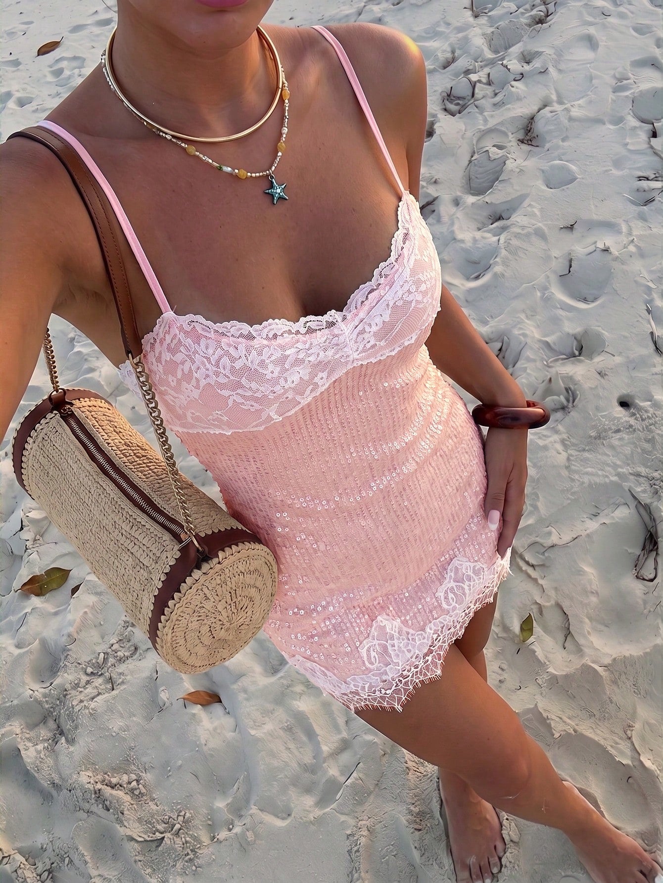 Ure Wave Elegant Light Blue And White Sequined Mini Dress With Lace Trim,Summer Party Night Outfits For Women,Wedding Guest,Festival And Beach Vacation Dress