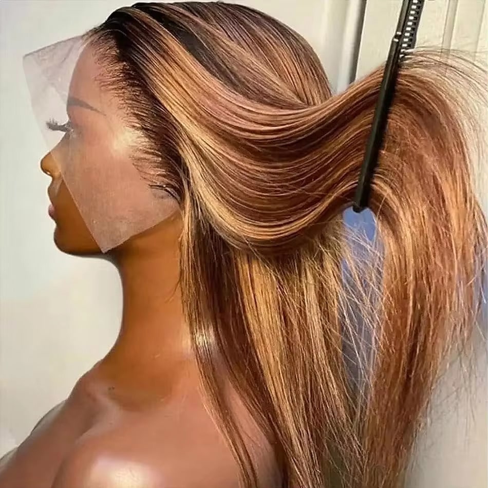 Uveous Ombre Highlight Lace Front Wig Human Hair 4/27 Highlight Colored Bone Straight Wigs 13X4 Transparent Lace Frontal Glueless Wigs Honey Blonde Colored Human Hair Pre Plucked For Women