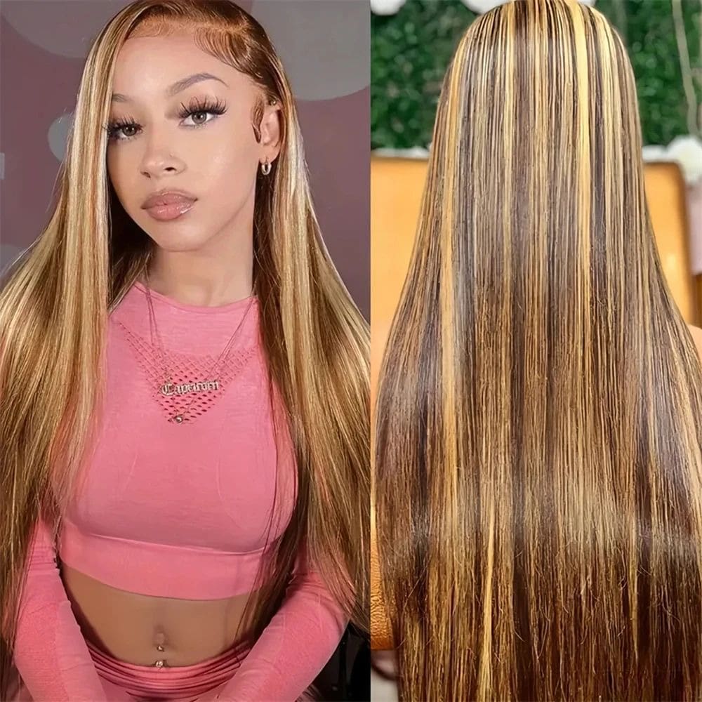 Uveous Ombre Highlight Lace Front Wig Human Hair 4/27 Highlight Colored Bone Straight Wigs 13X4 Transparent Lace Frontal Glueless Wigs Honey Blonde Colored Human Hair Pre Plucked For Women