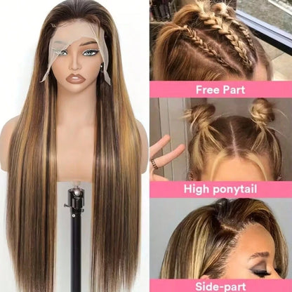 Uveous Ombre Highlight Lace Front Wig Human Hair 4/27 Highlight Colored Bone Straight Wigs 13X4 Transparent Lace Frontal Glueless Wigs Honey Blonde Colored Human Hair Pre Plucked For Women