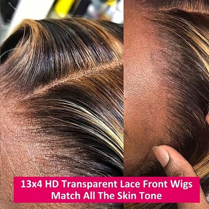 Uveous Ombre Highlight Lace Front Wig Human Hair 4/27 Highlight Colored Bone Straight Wigs 13X4 Transparent Lace Frontal Glueless Wigs Honey Blonde Colored Human Hair Pre Plucked For Women