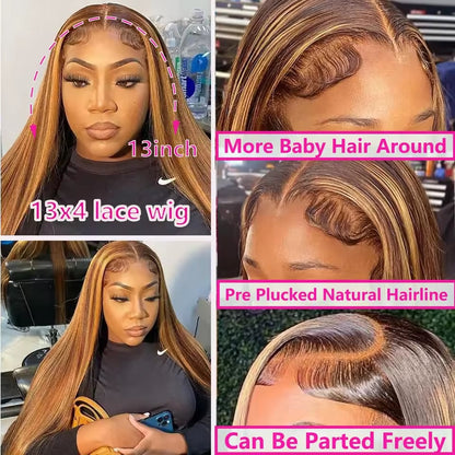 Uveous Ombre Highlight Lace Front Wig Human Hair 4/27 Highlight Colored Bone Straight Wigs 13X4 Transparent Lace Frontal Glueless Wigs Honey Blonde Colored Human Hair Pre Plucked For Women