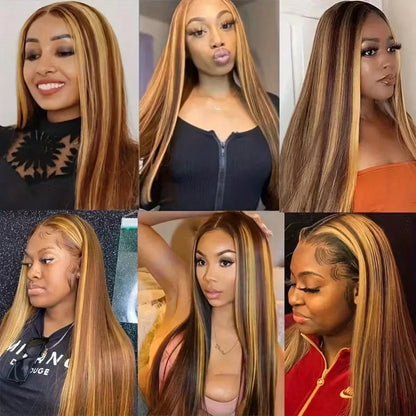 Uveous Ombre Highlight Lace Front Wig Human Hair 4/27 Highlight Colored Bone Straight Wigs 13X4 Transparent Lace Frontal Glueless Wigs Honey Blonde Colored Human Hair Pre Plucked For Women