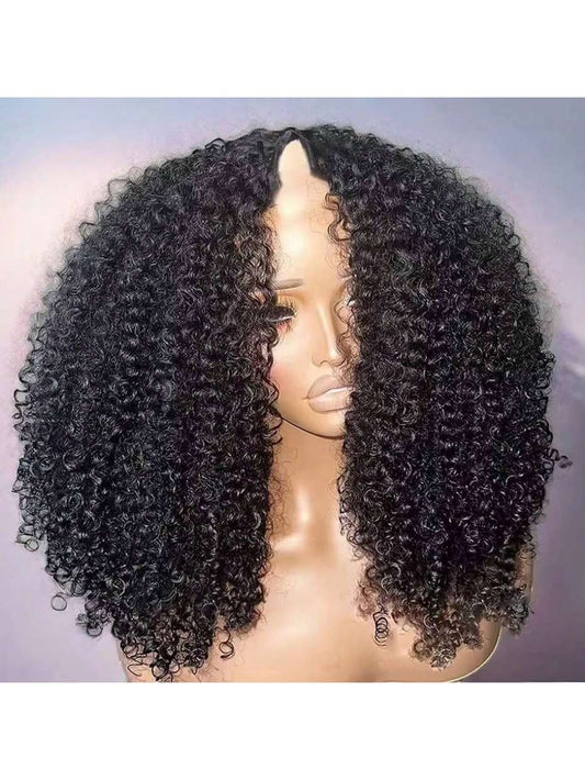 V Part Curly Wave Human Hair Wig V Shape Water Weave Glueless U Part Wigs With Clips Beginner Friendly No Lace No Glue 200% Density