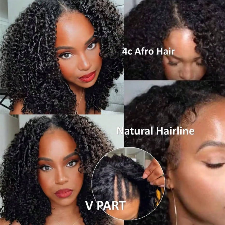 V Part Curly Wave Human Hair Wig V Shape Water Weave Glueless U Part Wigs With Clips Beginner Friendly No Lace No Glue 200% Density